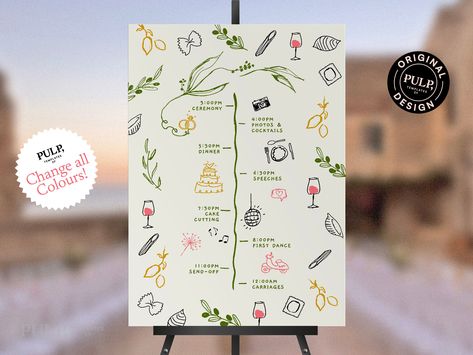 "This Order of Event template sign features our own hand drawn icons and a handwritten cute handwritten font. Easily customise for your own wedding day. All colours and text can be changed to match your event.  Find the matching designs here: https://www.etsy.com/uk/shop/PulpTemplatesCompany?ref=seller-platform-mcnav&search_query=0036&page=1#items BUNDLE PROMO Create your own custom bundle by adding 3 or more Pulp Template designs in your cart and at checkout use the promo code \"BUNDLE\" to receive an extra 25% off TRY THE DEMO Try the Demo at Corjl, copy and paste link into your browser: https://www.corjl.com/d/2IPF0F Please note: Desktop editing is recommended! Mobile and Tablet editing is limited. WHAT YOU RECEIVE You will receive your template in three sizes to cover US/CA and the res Order Of Events Wedding, Wedding Timeline Sign, Wedding Order Of Events, Order Of The Day Wedding, Drawn Icons, Order Of Events, Event Template, Order Of The Day, Wedding Order