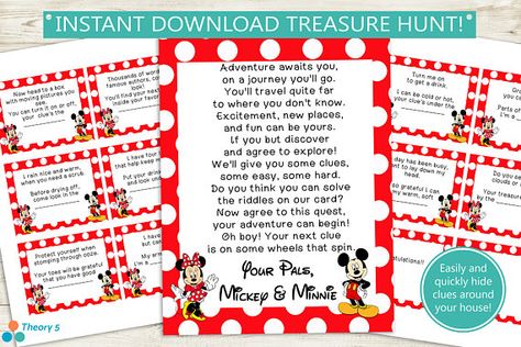 Printable Disney Treasure Hunt Clues // instant download, Mickey Minnie Mouse, surprise scavenger hunt party game pdf file birthday game  The hunt is on to find the treasure!! Use this printable treasure hunt for birthday parties, trip reveals, fun surprises, and more! Disney Trip Reveal, Scavenger Hunt Party, Disney Trip Surprise, Disney Reveal, Disney Surprise, Scavenger Hunt Birthday, Treasure Hunt Clues, Christmas Scavenger Hunt, Scavenger Hunt Clues