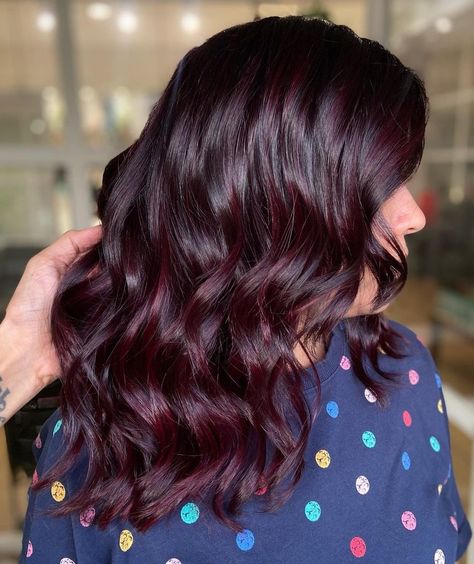 Plum Hair Color With Highlights, Burgundy Plum Hair, Burgundy Plum Hair Color, Dark Maroon Hair, Burgundy Hair Colors, Plum Highlights, Burgundy Hair With Highlights, Short Burgundy Hair, Plum Hair Color