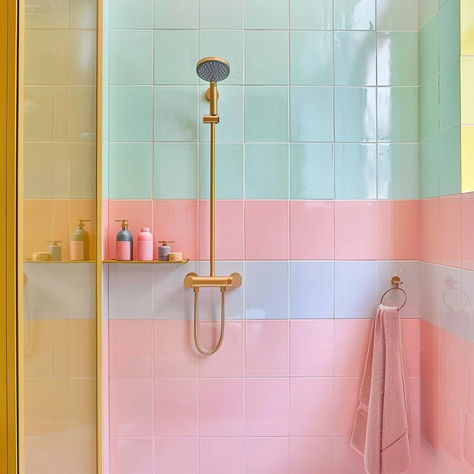 Pastel tiled minimalistic shower Coloured Shower Tiles, Pastel Bathroom Tiles, Bathroom Tile Colorful, Bathroom Pastel Colors, Pink Yellow Bathroom, Pink Beach Bathroom, Colorful Shower Tile, Pastel Color Bathroom, Pink Blue Bathroom