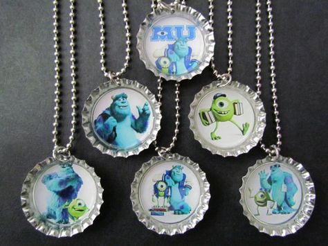 Monster University Bottle Cap Party favors (6) / add more for 2 dollars each / Your choice of images Monster's University, Monster University Birthday, Monster University Party, University Party, Caps Design, Monster Inc Birthday, Twin Birthday Parties, Bottle Cap Necklace, Cap Art