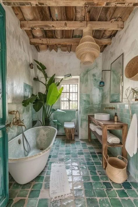 Modern Boho Tiny House, Boho Bathroom Green Tile, Bohemian Modern Bathroom, Boho Modern Bathroom, Drømme Bad, Bathroom Boho, Modern Bathroom Ideas, Bathroom Decor Ideas, Boho Modern