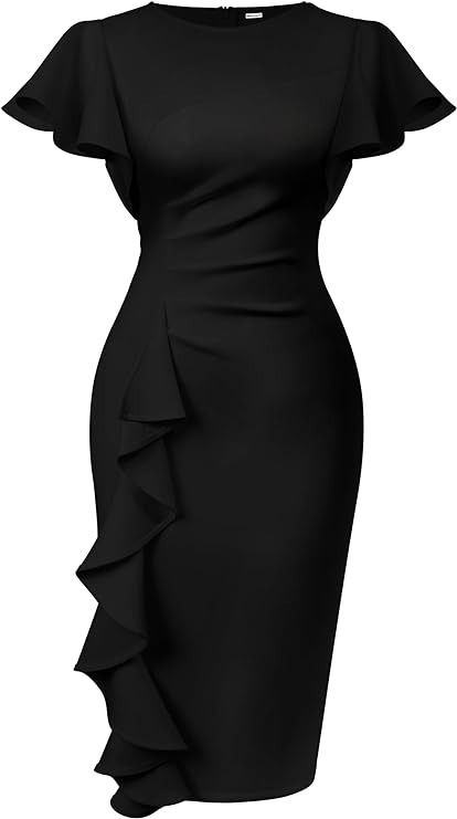 Memoriesea Women's Vintage Church Ruffle Sleeve Ruched Bodycon Work Midi Pencil Dress Black at Amazon Women’s Clothing store Black Corporate Dress Classy, Vintage Style Dresses Classy, Formal Dresses For Women Office Outfits, Amazon Black Dress, Classy Work Dresses, Straight Dress Outfit, Black Gown Design, Vintage Short Gown, Office Dress Outfit