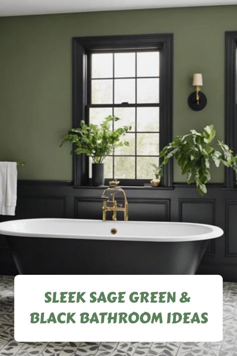 Sage green and black bathroom with plants and a freestanding bathtub. Black White Sage Bathroom, Murky Green Aesthetic, Green Color Scheme Bathroom, Dark Green And Gold Bathroom Ideas, Black On Black Bathroom, Black And Sage Bathroom, Green And Black Interior Design, Black And Green Bathroom Ideas, Sage Green And Black Bathroom