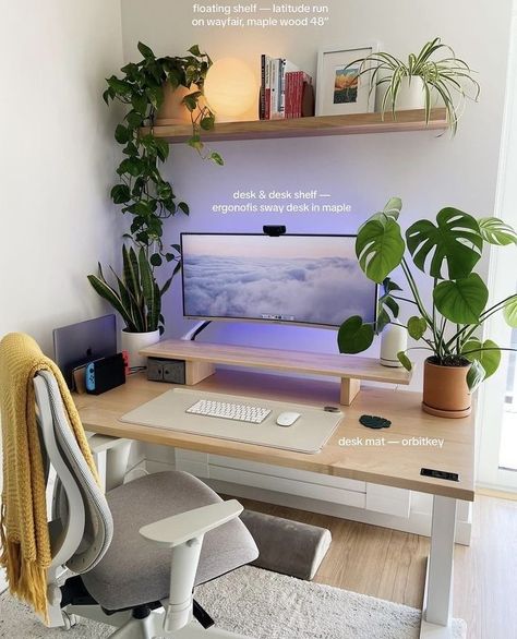 Plant Shelf Over Desk, Two Desks In Bedroom, Desk With 2 Monitors Home Office, Corner Office Space In Bedroom, Simple Desk Setup, Minimalist Home Office Ideas, Desk Ideas For Small Spaces, Aesthetic Work Desk, Work From Home Office