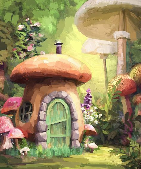 Mushroom In Forest Painting, Magic Acrylic Painting, Mushroom Forest Painting Acrylic, Fairy Garden Painting Ideas, Mushroom House Painting Acrylic, Mushroom Painting On Wall, Fairy Mushroom Painting, Mushroom Landscape Painting, Mushroom City Drawing