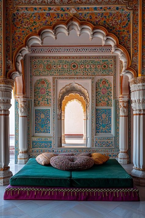 Rajasthani Room Decor, Rajasthani Aesthetic, Rajasthani Interior Design, Indian Style Interior Design, Indian Style Interior, Beachy Apartment, Indian Interior Design, Persian Architecture, Ancient Indian Architecture