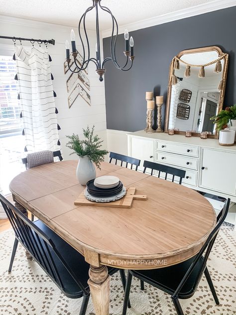 White Wash Kitchen Table With Black Chairs, Long Oval Table Dining Rooms, Refurbished Oak Table And Chairs, Alternative To Dining Room Spaces, Oval Dinning Room Table Wood, Flipping Dining Table, Natural Wood Round Dining Table, Dining Room Table Flip, Old Home Decor Ideas