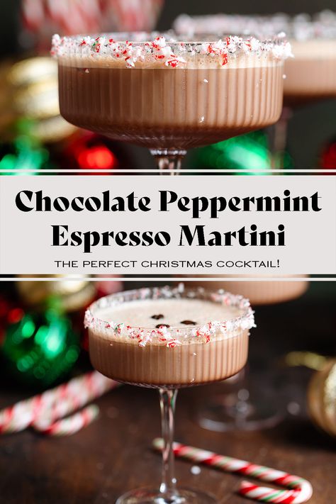 This Chocolate Peppermint Espresso Martini tastes like a boozy peppermint mocha and it's the perfect Christmas cocktail for Christmas Eve or any holiday party! It's made with creamy Bailey's and easy homemade syrup. Peppermint Espresso Martini, Hot Chocolate Espresso, Peppermint Cocktail, Homemade Peppermint Mocha, Peppermint Vodka, Holiday Martinis, Peppermint Martini, Peppermint Syrup, Chocolate Martini