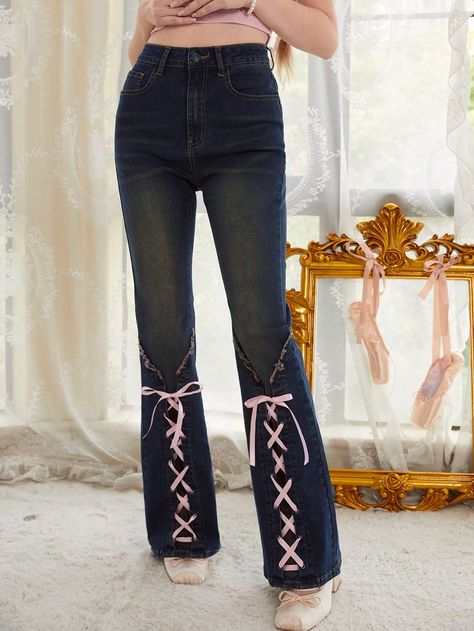 Kawaii Lace Up Front Flare Leg JeansI discovered amazing products on SHEIN.com, come check them out! Diy Flare Jeans, Coquette Jeans, Ribbon Jeans, Denim Jeans Diy, Lace Up Jeans, Denim Diy Clothes, Lace Jeans, Diy Jeans, Lace Diy