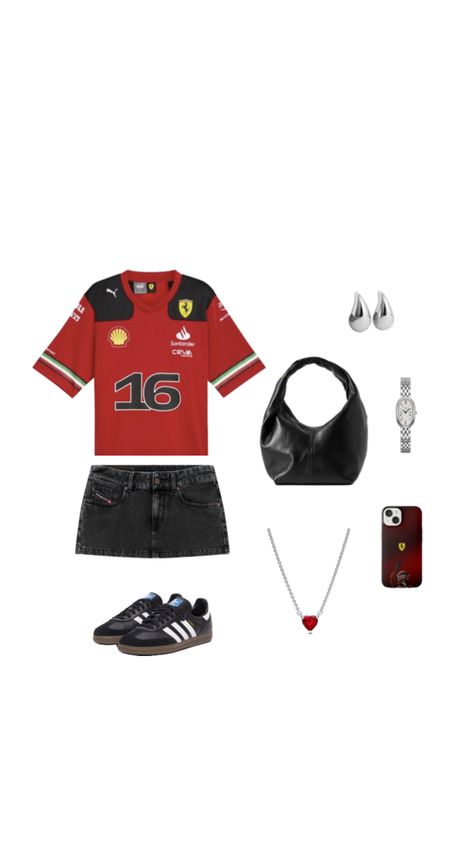 #ferrari #f1 #black #red #formula1 #fit #16 #charlesleclerc #leclerc Ferrari Outfit, Ferrari F1, Ferrari, Black Red, Football, Red, Black, American Football