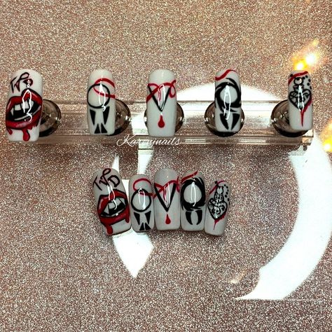 Tvd Inspired Nails, The Vampire Diaries Nails Ideas, Vampire Diaries Nail Designs, Nail Designs Vampire, Vampire Diaries Nails Acrylic, Tvd Nails Ideas, Tvd Nails, Vampire Diaries Nails, Tvd Party