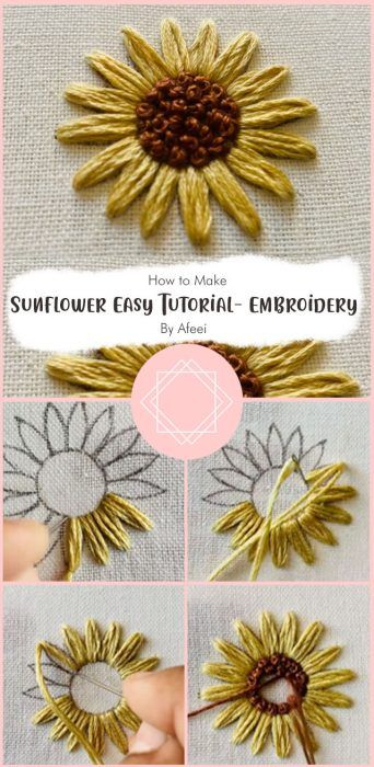 Beautiful Sunflower Embroidery Tutorial Free Ideas - Carolinamontoni.com Embroidery Flowers Diy, Sunflower Pattern Embroidery, Sunflower Stitch Embroidery, Hand Embroidered Sunflowers, Sun Flower Embroidery Easy, Sewing Flowers Embroidery, Simple Embroidery Designs Tutorial, How To Flower Embroidery, Embroided Sunflower