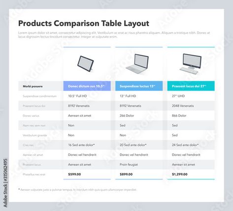 Stock Image: Products comparison table layout with place for description. Flat infographic design template for website or presentation. Table Layout, Infographic Design Template, Website Design Layout, Chart Design, Stock Pictures, Infographic Design, Website Template, Table Design, Adobe Stock