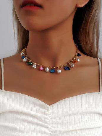 Multicolor Vacation Collar Plastic Embellished Fashion Jewelry Fall Jewelry Trends 2023, Trendy Necklaces Jewelry Trends, Multicolor Pearl Necklace, Pearl Charm Necklace, Abs Women, Embellished Fashion, Pearl Necklace Designs, Accesories Jewelry, Handmade Jewelry Bracelets