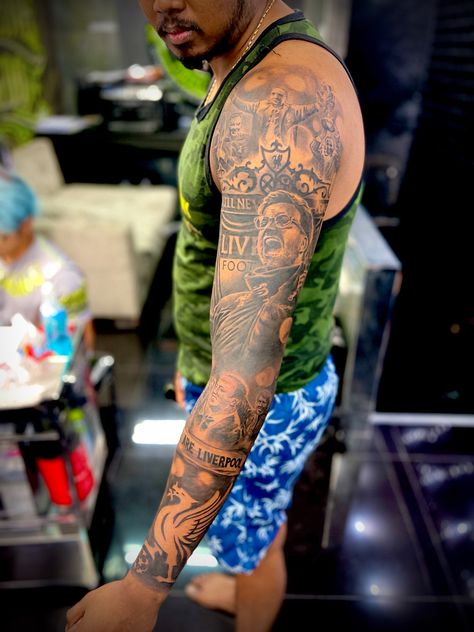 Liverpool Sleeve Tattoo with Jurgen Klopp , Rafa Benitez, Bill Shankly, Bob Paisley Potraits Liverpool Leg Tattoo, Jurgen Klopp Tattoo, Liverpool Tattoo Ideas For Men, Klopp Tattoo, Liverpool Fc Tattoo Ideas, Liverpool Tattoo Ideas, Liverpool Tattoo Design, Joel Tattoo, Lfc Tattoo