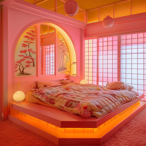 dreamy oasis  vibrant pink-themed decor pastel quilt  ambient lighting Japanese-inspired elements shoji screens #BedroomDecor #DreamyOasis #PinkDecor #CozyLiving #InteriorDesign #JapaneseInspired #ModernElegance Japanese Themed Bedroom, Pink And Orange Bedroom, Japan Room, Asian Room, Shoji Screens, Japan House, Orange Bedroom, Shoji Screen, Japanese Room