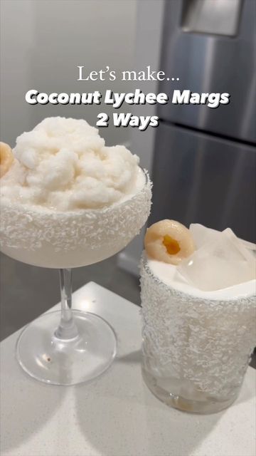 Jarrod Rickard on Instagram: "Let’s make Coconut Lychee Margs two ways! Frozen and regular. My fave cocktail at the moment 😻 Recipe/ingredients: In your shaker add: 5 lychees 30mls or 1oz Lychee Syrup 30mls or 1oz Lime Juice Muddle in your shaker then add 45mls or 1.5oz Coconut Tequila 30mls or 1oz Cointreau 30mls or 1oz Coconut Cream Shake with plenty of ice and strain into your desired glass. Garnish with coconut shavings and lychees Frozen Coconut Lychee Marg In your blender add 5 lychees 30mls or 1oz Lychee syrup 30mls or 1oz Coconut Cream 30mls or 1oz Cointreau 45mls or 1.5oz Coconut Tequila 30mls or 1oz Lime Juice Blend all together with plenty of ice and serve in your desired glass. Also garnish with coconut shavings and lychees 😍 #cocktails #cocktailbar #cocktails🍸 #cockt Coconut Lychee Margarita, Frozen Mocktail Recipe, Cute Cocktail Recipes, Beachy Cocktails, Lychee Syrup, Coconut Cocktails, Lychee Cocktail, Coconut Tequila, Coconut Cocktail