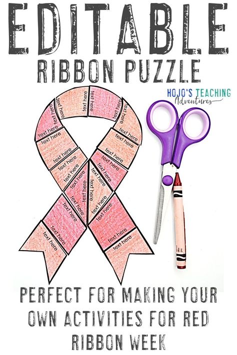 This EDITABLE ribbon puzzle is great to celebrate Red Ribbon Week in the elementary or middle school classroom or homeschool. Click to get your FREE download now. You can make it work for math, literacy, foreign language, or anything else that fits in the squares. Use it with 1st, 2nd, 3rd, 4th, 5th, 6th, 7th, or 8th grade #elementary or #middleschool kids or a #RedRibbonWeek decoration. #RedRibbonWeekActivities #RedRibbonWeekIdeas Red Ribbon Week Middle School Activities, Red Ribbon Week Activities Middle School, Red Ribbon Week Ideas Elementary, Bully Prevention, Fall Math Centers, Halloween Math Centers, Elementary Principal, Teaching Character, Red Ribbon Week