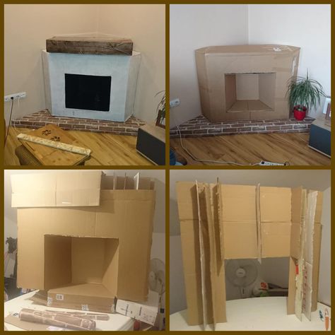 After a few weeks of collecting cardboard boxes and purchasing add-ons that I didn't even plan on... Blisters on knees and hands, every finger burned by hot glue, two weeks of mess for this beauty. Now and never again! 😂 But proud of myself. I present you his majesty - a cardboard fireplace! Diy Christmas Fireplace, Decoration Creche, Cardboard Fireplace, Fake Fireplace, Faux Fireplace Diy, Cardboard Crafts Diy, Buddha Decor, Gold Christmas Decorations, Faux Fireplace