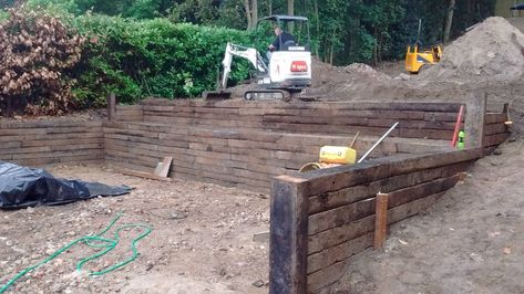 Reclaimed Railway Sleepers, Sleeper Wall, Sleeper Retaining Wall, Building A Retaining Wall, Pools Backyard Inground, Railway Sleepers, Landscaping Retaining Walls, Boundary Walls, A Frame Cabin