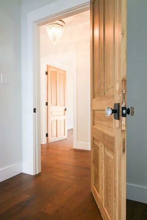 Solid Wood Bedroom Doors, Natural Wood Bedroom Doors, Raw Wood Doors Interior, Inside Wood Doors, Pine Door White Trim, Unfinished Door Ideas, Hallway With Bedroom Doors, Doors Interior Color Ideas, Hickory Interior Doors