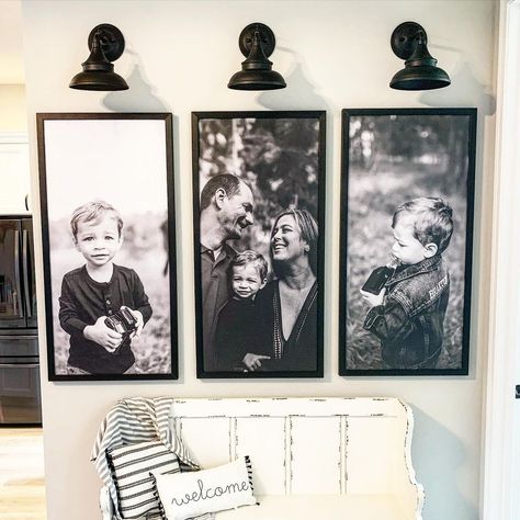 Black and white photos + XL frames = making a statement. Order yours now at Smallwoodhome.com/2105061 Thanks for sharing, @chelsea_mcclain_home Black And White Large Photos Living Rooms, Canvas Wall Art Family Photos, Prints In Black Frames, Big Picture Frames On The Wall, Black And White Family Picture Wall, Black Wall With Pictures, Black And White Portraits Living Room, Black And White Canvas Photos, Black And White Large Photos