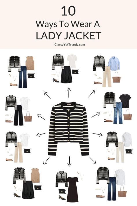 French Style Archives - Classy Yet Trendy Best Jacket For Women, Lady Cardigan Outfit, How To Style Jackets, Striped Lady Jacket Outfit, Lady Jacket Outfit 2023, How To Style A Jacket, Lady Jacket Outfit, Capsule Packing, Sweater Jacket Outfits