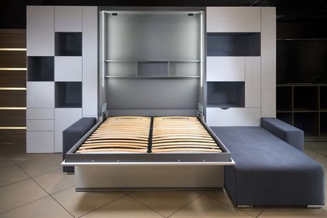 What is a murphy bed - Home Decorating Trends - Homedit Lofts Pequenos, Fold Down Beds, Messy Bed, Micro Apartment, Murphy Beds, Traditional Bed, Small Dining Table, Wall Bed, Amazing Spaces