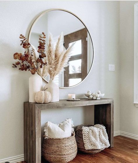 Trending now in home decor: pampas grass 🚨 These 12 ways to decorate will have you running to your closest garden store in search of these gorgeous waving wheat-toned grasses 👇 Fall Entryway Decor, Entryway Table Decor, Mirror On The Wall, Room Deco, Home Entrance Decor, Apartment Decor Inspiration, Decor Home Living Room, Living Room Decor Apartment, Home Design Decor