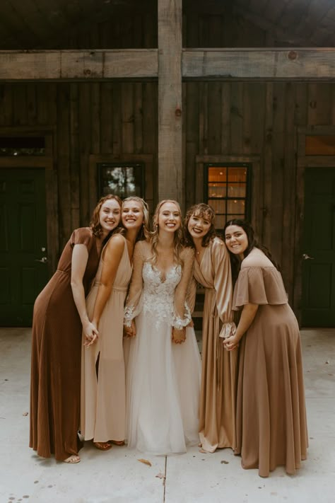 Bridesmaid Dress Browns, Bridesmaids Dresses Sunset Colors, Beige Brown Bridesmaid Dresses, Bridesmaid Dresses Small Wedding Party, Woods Wedding Bridesmaid Dresses, Brownish Bridesmaid Dresses, Tan Brown Bridesmaid Dresses, Tan And Brown Bridesmaid Dresses, Bridesmaid Dresses February Wedding