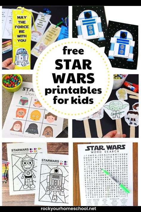 Six examples of Star Wars printables for kids with coloring bookmarks, R2-D2 crafts, game, coloring activities, color by number, and word search. Free Star Wars Printables Birthday, Star Wars Birthday Activities, Star Wars Obstacle Course, Star Wars Arts And Crafts For Kids, Easy Star Wars Crafts, Star Wars Activities For Kids, Star Wars Activity Sheets, Star Wars Crafts For Kids, Star Wars Kids Crafts