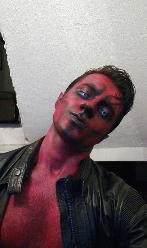 #makeup #devil #halloween #eyes #red #outfit Red Eye Halloween Costumes, Mens Devil Makeup, Scary Halloween Makeup For Men, Devil Makeup Men, Devil Makeup Halloween, Mens Halloween Makeup, Scary Couples Halloween Costumes, Devil Makeup, Mens Halloween