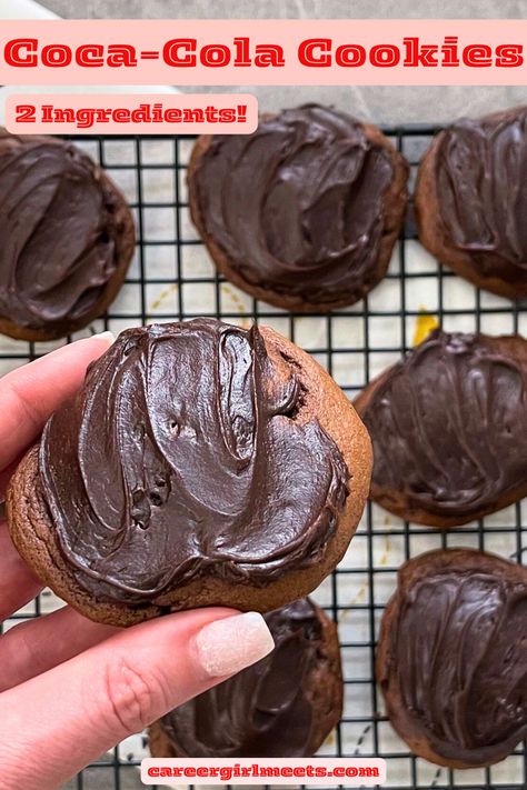 These chocolate Coca-Cola cookies are incredibly delicious, and you'll only need two ingredients! A can of Coca-Cola and a box of chocolate cake mix will make an extra moist and chewy cookie! You can add optional chopped nuts and chocolate chips for an exceptional chocolate punch! I topped mine with store-bought frosting, and they resembled Crumbl cookies. You must make these chocolate cake soda/coke cookies!!   Coca cola cake cookies // coca cola chocolate cookies recipe // Cola Cookies, Soda Cookies, Chocolate Punch, Chocolate Gravy, Brownie Mix Cookies, Soda Cake, Coca Cola Cake, Cola Cake, Store Bought Frosting