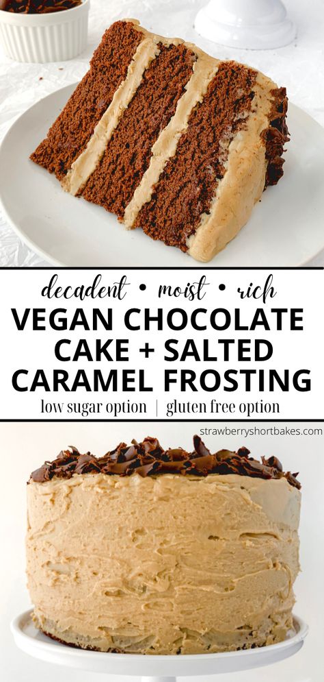 Chocolate Cake With Salted Caramel, Vegan Salted Caramel, Chocolate Caramel Cake, Salted Caramel Frosting, Salted Caramel Cake, Vegan Baking Recipes, Vegan Caramel, Vegan Chocolate Cake, Caramel Frosting