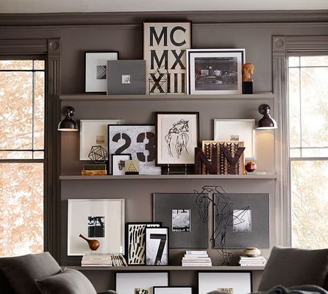 Shelf ledges painted the same color as the wall. Gorg. Layering Art, Picture Ledge, Framed Pictures, Mantle Piece, Wall Gallery, Inspiration Wall, Wall Shelves, Pottery Barn, Floating Shelves