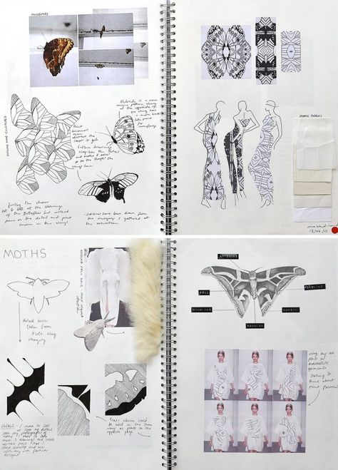 Butterfly Fashion Design, Sketchbooks Inspiration, Art Sketchbook Ideas, Fashion Sketchbook Inspiration, Fashion Design Inspiration, Fashion Portfolio Layout, Sketchbook Layout, Textiles Sketchbook, Fashion Design Books