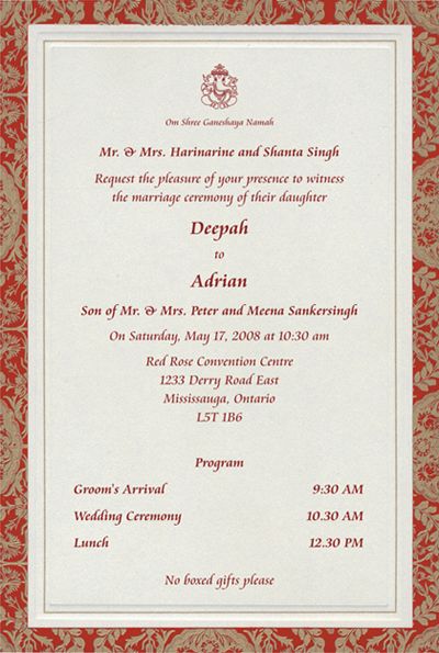 Click to magnify/shrink Marriage Cards Design Indian, Hindu Marriage Invitation Card Design, Marriage Invitation Cards Indian Hindu, Hindu Wedding Invitation Cards Marriage, Marriage Invitation Card Format, Hindu Wedding Invitation Wording, Indian Wedding Invitation Wording, Hindu Marriage, Sample Wedding Invitation Wording