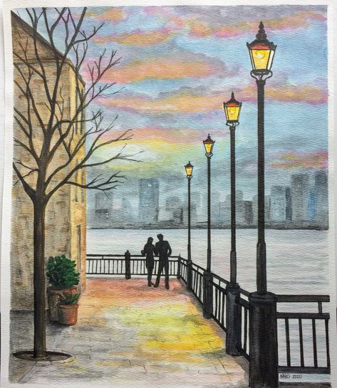 This watercolor painting is available for purchase on Etsy.  It features a young couple enjoying the city view at sunset.  $35 Couple Scenery Drawing, Watercolor Cityscape Easy, Sky View Painting, Watercolor Art Couple, City View Drawing, Couple Watercolor Painting, City Scene Painting, Pink And Blue Sky, Watercolor Painting Easy