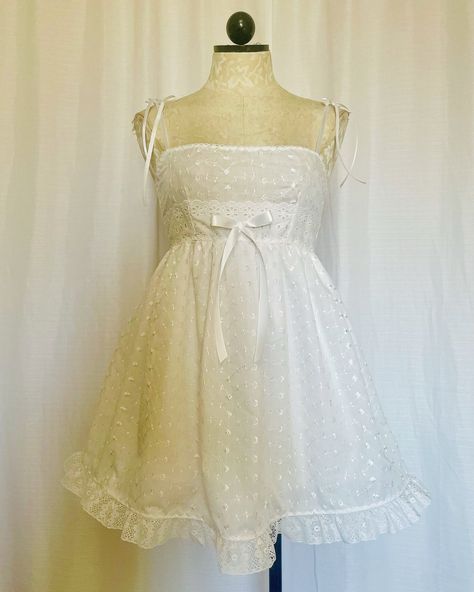 Cotton eyelet babydoll dress with satin ribbon spaghetti straps Babydoll Dress Corset, Summer Dress With Short Sleeves, Babydoll Slip Dress Outfit, Coquette Babydoll Dress, Vintage Casual Dress, Lizlisa Dresses, Aesthetic Babydoll Dress, Babydoll Dress Long Sleeve, Babydoll Homecoming Dress