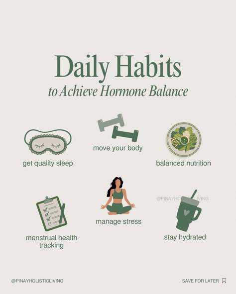 Daily Habits for Hormone Balance and Overall Wellness: Morning and Evening Edition Morning: - Drink a glass of warm water - Get morning sunlight exposure - Start with a nutrient-rich breakfast - Strive for 30 minutes of moderate exercise - Practice 5-10 minutes of breathing exercises or meditation - Drink at least 8 glasses of water daily - Log your menstrual cycle and symptoms in a journal or tracking app Evening: - Enjoy herbal teas like chamomile or peppermint - Have a light, nu... Moderate Exercise, Rich Breakfast, Nutritious Dinner, Glasses Of Water, Morning Sunlight, Hormonal Imbalance, Power Foods, Tracking App, Glass Of Water