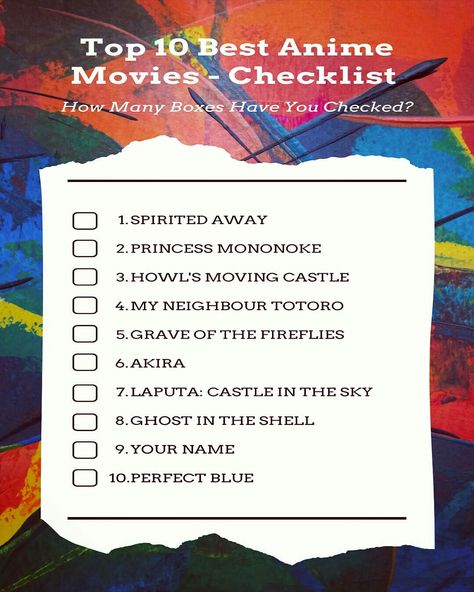 Top 10 Best Anime Movies, Best Anime Movies To Watch List, Anime Movies To Watch On Netflix Best, Best Anime Movies List, Must Watch Anime Movies, Anime Movie Checklist, Good Anime Movies To Watch, Top 10 Anime List, Anime Checklist To Watch