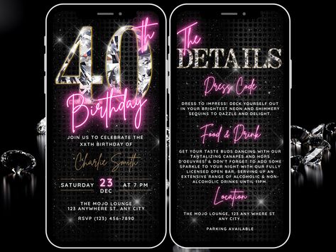 Animated 40th Birthday Invitation for Women, Diamond 40th Invite Digital Evite Editable Template Custom Forty Invite with Itinerary details Neon Diamond, 17. Geburtstag, Itinerary Invitation, Funky Vibes, Pink Neon Lights, Neon Rose, Golden Moments, 40th Birthday Invitations, Video Invitation