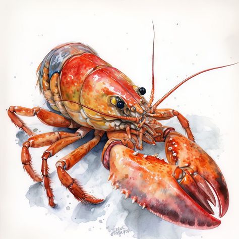 Watercolor Lobster Painting, Lobster Paintings, Lobster Animal, Lobster Artwork, Lobster Watercolor, Lobster Painting, Lobster Drawing, Sea Life Painting, Crab Painting