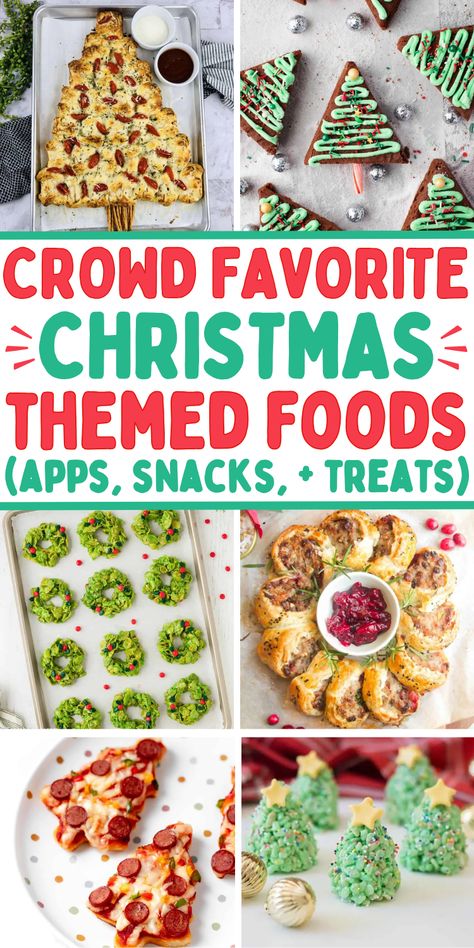 Easy Christmas themed food ideas in wreath and Christmas tree shapes, including christmas themed snacks, appetizers, and finger food, plus grinch themed party food, holiday party treats and Christmas themed dinners. Office Holiday Food Ideas, Food To Make For Christmas Party, Cute Christmas Food Ideas Snacks, Christmas Themed Toddler Food, Christmas Themed Finger Food Ideas, Red And Green Christmas Food Ideas, Xmas Themed Appetizers, Company Christmas Party Food Ideas, Christmas Party Themed Food