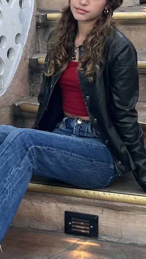 Black Leather Jacket With Red Top, Leather Jacket Dress Outfits, Red Outfit With Jeans, Outfits With A Black Leather Jacket, Red Tube Top Outfit With Jacket, Cute Outfits With Black Baggy Jeans, Cropped Red Leather Jacket Outfit, Baggy Jeans Autumn Outfit, Black Cropped Leather Jacket Outfit