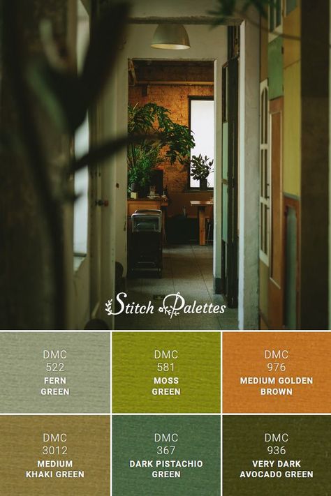 Avocado Green Bedroom, Moss Green Color Palette, Brown And Green Color Palette, Color Palettes Green, Stitch Palette, Embroidery Color Palette, Pap Mam, Stitch Palettes, Medium Golden Brown