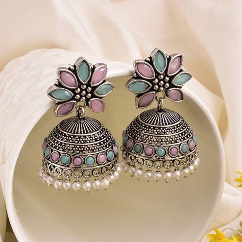 Oxidised Earings Jhumkas, Jhumka Photography, Jhumka Earrings Aesthetic, Jhumka Earrings Collection, Oxidised Jewellery Earrings, Jhumkas Aesthetic, Pink Jhumka, Indian Earrings Jhumka, Silver Jhumka Earrings