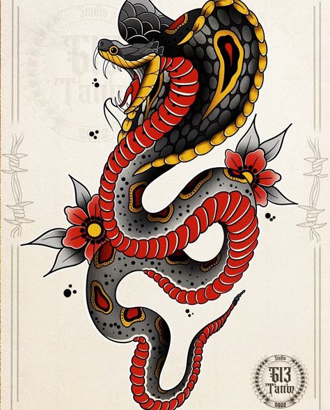 Traditional Tattoos Snake, Neotraditional Snake Tattoo, Neo Traditional Snake Tattoo, Traditional Cobra Tattoo, American Traditional Snake, South Park Tattoo, Traditional Snake Tattoo, Unique Wrist Tattoos, Cobra Tattoo