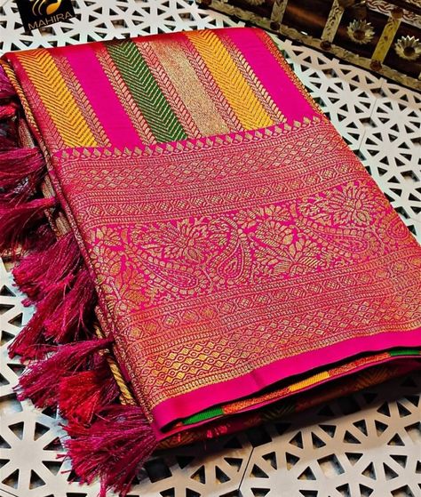 Multicolour Saree, Kanjivaram Pattu Sarees, Saree Blouse Design, Brocade Blouse, Brocade Blouses, Weaving Designs, Sarees Collection, Pattu Saree, Pattu Sarees